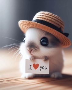 a small hamster wearing a straw hat and holding a i love you sign