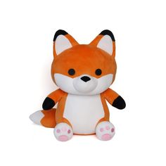 a small stuffed fox sitting on top of a white floor