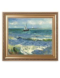 an oil painting of a sailboat in the ocean on a sunny day with waves