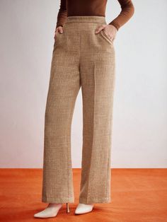 TWEED SUIT PANTS WITHOUT BELT Mocha Brown    Woven Fabric Plain Wide Leg Non-Stretch  Women Clothing, size features are:Bust: ,Length: ,Sleeve Length: Women Suit Pants, Back To School Shoes, Tweed Suit, Tweed Suits, Pinstripe Suit, Mocha Brown, Suit Pants, Denim Wash, Colorful Leggings