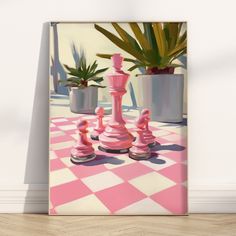 a pink chess set sitting on top of a checkerboard floor next to potted plants