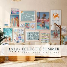 an eclectic summer printable wall art display in a living room with white couches