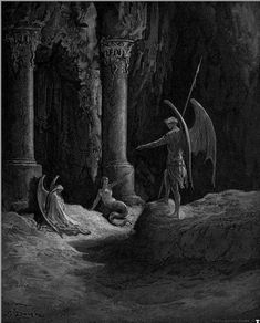 an old black and white drawing of two men in the cave