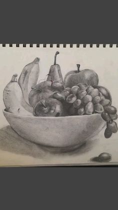 a pencil drawing of fruit in a bowl