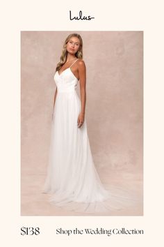 a woman in a white wedding dress with the words, shop the wedding collection