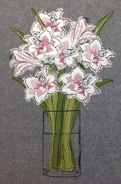 a painting of flowers in a vase on a gray background with pink and white flowers