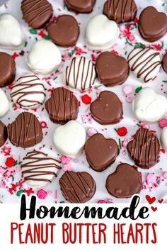 homemade chocolate covered peanut butter hearts on a white plate with pink and red flowered border