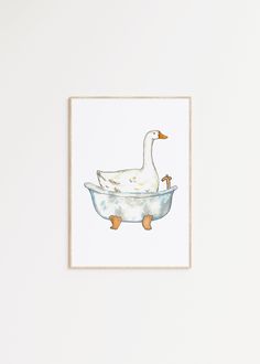 a watercolor painting of a duck in a bathtub