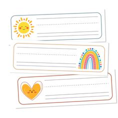 two name tags with hearts, sun and rainbows on the front one is blank