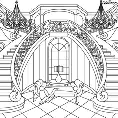 a drawing of a room with chandelier and stairs in it, as well as an arched window