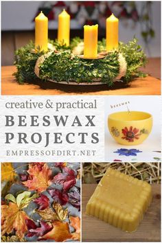 beeswax projects with candles and leaves in the center, surrounded by other items