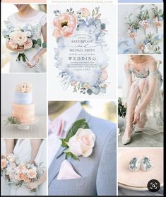 a collage of wedding photos with pink and blue flowers