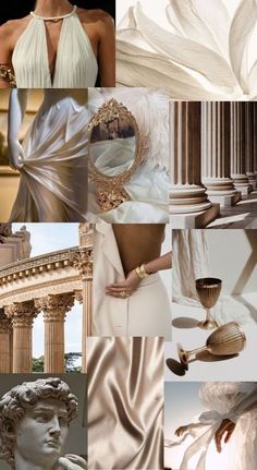 a collage of different images with white and gold colors, including an angel's wings