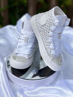 Bridesmaid Converse, Bride Sneakers, Bling Wedding Shoes, Bedazzled Shoes Diy, Bridal Converse, Converse Platform, Converse Wedding Shoes, Bedazzled Shoes, Custom Wedding Shoes