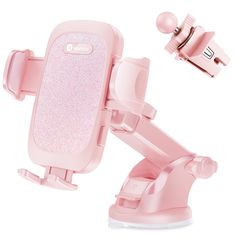 a pink cell phone holder attached to the back of a car mount with a clip on it