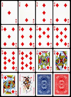 the playing cards are all red and blue