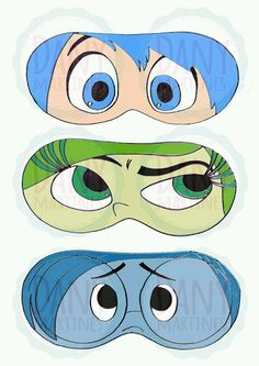 three masks with eyes and one has an eye patch on the top, two are blue