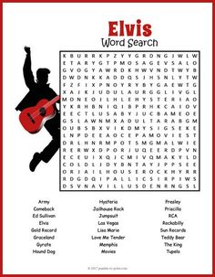 the elvis word search is shown in red and black, with an image of a guitar player