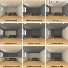 six different views of an empty room with couches