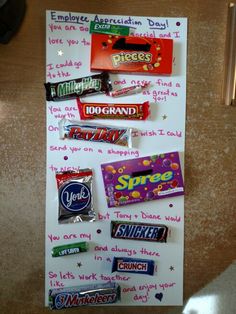 a bulletin board with candy bars on it