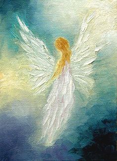 an angel painting with white wings on a blue background