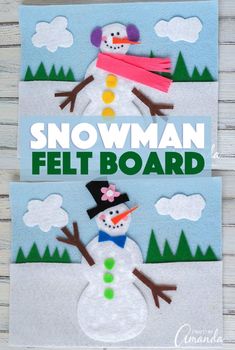 the snowman felt board is made from construction paper and has an image of a snowman on it