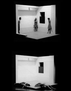 three photographs of people in a room with black and white images on the wall, one is