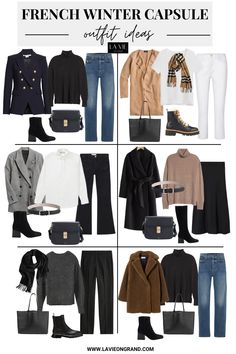 6 different outfit combinations to wear in Paris during the winter months. Classic Designer Pieces, Parissiene Style Winter, Europe Winter Shoes, Classic Chic Outfits Winter, French Cold Weather Outfits, Winter Outfits To Work, Paris Winter Travel Capsule, French Winter Outfits Minimal Classic, French Fashion Women Winter