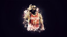 the houston rockets'james harden is surrounded by fire and sparkles as he holds his hand up to his face