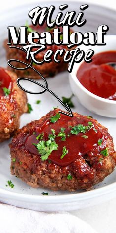 meatloaf recipe with ketchup and sauce on a white plate