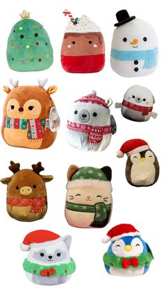 many stuffed animals wearing hats and scarves