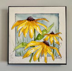 a watercolor painting of yellow flowers with green leaves