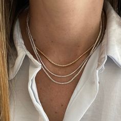 Thin Diamond Tennis Necklace MATERIALS Available in 14k Yellow Gold, 14k White Gold, and 14k Rose Gold. DETAILS Carat: 3.50 - 4.20 cts (Depending on the necklace length)Color: G H Clarity: S I *If required, please allow 4-7 weeks for delivery. Rush options may be available please contact hello@alevjewelry.com Diamond Tennis Necklace, Jewelry Watch, Virtual Fashion, Tennis Necklace, G H, Rose Gold Necklace, Gold Details, Necklace Length, Sale Items