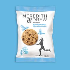 a bag of blueberry and chocolate chip cookies on a blue background with the words meredith & drew above it