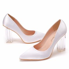 Details: Style: elegant Embellishment: Satin Heels Type:?Stiletto Heel height:?2.56inch/3.74inch Closure Type: slip on Toe: Pointed Toe Upper Material: Microfiber Leather Sole Material:?Rubber Lining Material:?PU Leather Clear High Heel Shoes For Prom, Clear High Heels For Prom, White Heels With Sculpted Heel For Events, Clear Block Heel Evening Heels, Clear Pointed Toe Heels For Evening, Clear Closed Toe Heels For Wedding, Evening Clear Pointed Toe Heels, White Sculpted Heel Cocktail Heels, White Wedding Shoes With Padded Heel For Party