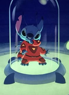 an animated character in a red outfit under a glass dome with blue light behind it