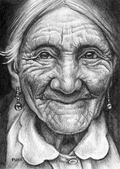 an old woman with big eyes and earrings on her head is smiling at the camera