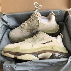 Balenciaga Women's Triple S Clear Sole Sneaker In Beigeleather Free Sneaker Double Foam And Mesh Complex 3-Layered Outsole, Clear Sole Technology Tpu Injected Inside The Sole, Creating An Air Bubble For More Comfort Embroidered Size At The Edge Of The Toe Embroidered Logo On The Side Embossed Logo In The Back Triple S Rubber Branding On The Tongue 2 Laces Loops, Including 1 Functional Lacing System Featuring 12 Fabric Eyelets Bicolor Laces Recalling Hiking Boots’ Laces Box May Be Damaged In Tran Beige Sneakers, Balenciaga Sneakers, Chanel Purse, Sole Sneakers, Balenciaga Shoes, Balenciaga Triple S, Bvlgari Bags, Happy Love, Replica Handbags