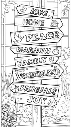 a black and white coloring book page with lots of signs pointing to different locations in the world