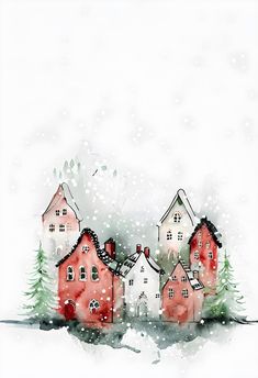 watercolor painting of houses in winter with snow falling on the ground and evergreen trees