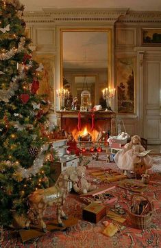 a living room with a christmas tree and presents on the floor