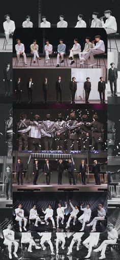 the collage shows men in suits and ties doing different poses on stage with their hands together