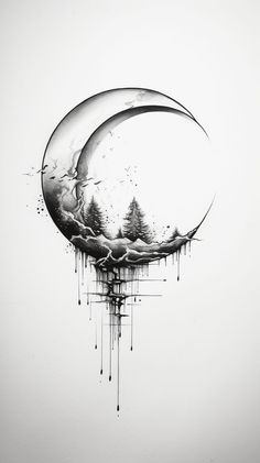 an artistic drawing of a crescent with trees on it and dripping paint all over the moon