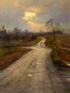 an oil painting of a dirt road in the country