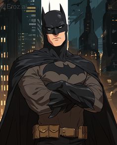 batman in the city at night with his arms crossed