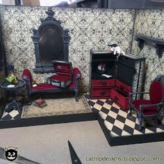 an assortment of furniture is displayed in a room with black and white checkered flooring