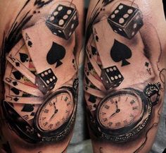 a man with tattoos on his legs holding a clock and playing cards