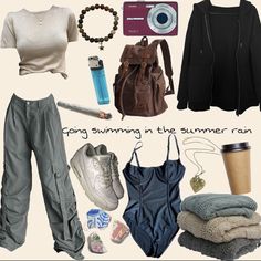 a collage of clothing and accessories with the words going swimming in the summer rain