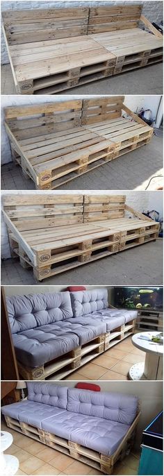 the pallet couch is made out of wood and has been placed on top of each other