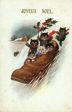 an old fashioned christmas card with cats on a sled